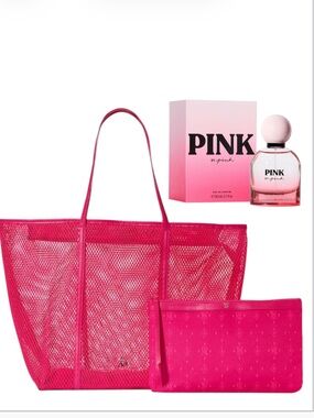Victoria’s Secret NWT 3pc set Hot Pink Mesh Tote with Matching Pouch & PINK